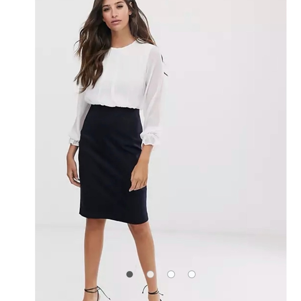 TED BAKER LIZZATA SLEEVE DETAILED WHITE AND NAVY PENCIL DRESS SZ 6 US TED 2